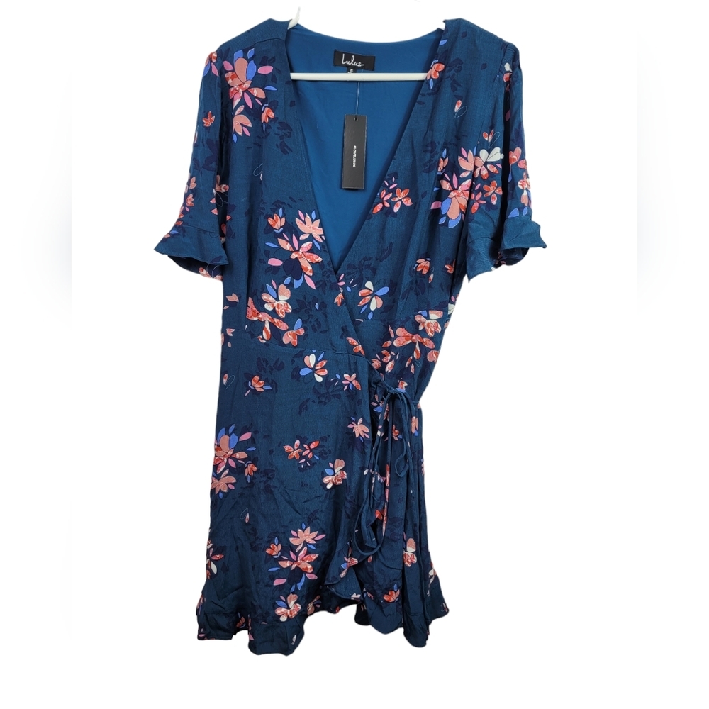 NWT Lulus Dalton teal blue floral ruffled wrap dress XL